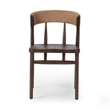 A solid oak dining chair defined by tapered legs and framing gives an updated look to the classic whistler chair. Finished with a paper rush wrapped detail on the back Amethyst Home provides interior design, new home construction design consulting, vintage area rugs, and lighting in the Tampa metro area.