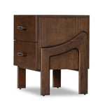 Made from brown-finished ash with leather-wrapped hardware, wide scale and sculptural details reflect the Brazilian midcentury inspiration behind this dual-drawer nightstand Amethyst Home provides interior design, new home construction design consulting, vintage area rugs, and lighting in the Nashville metro area.