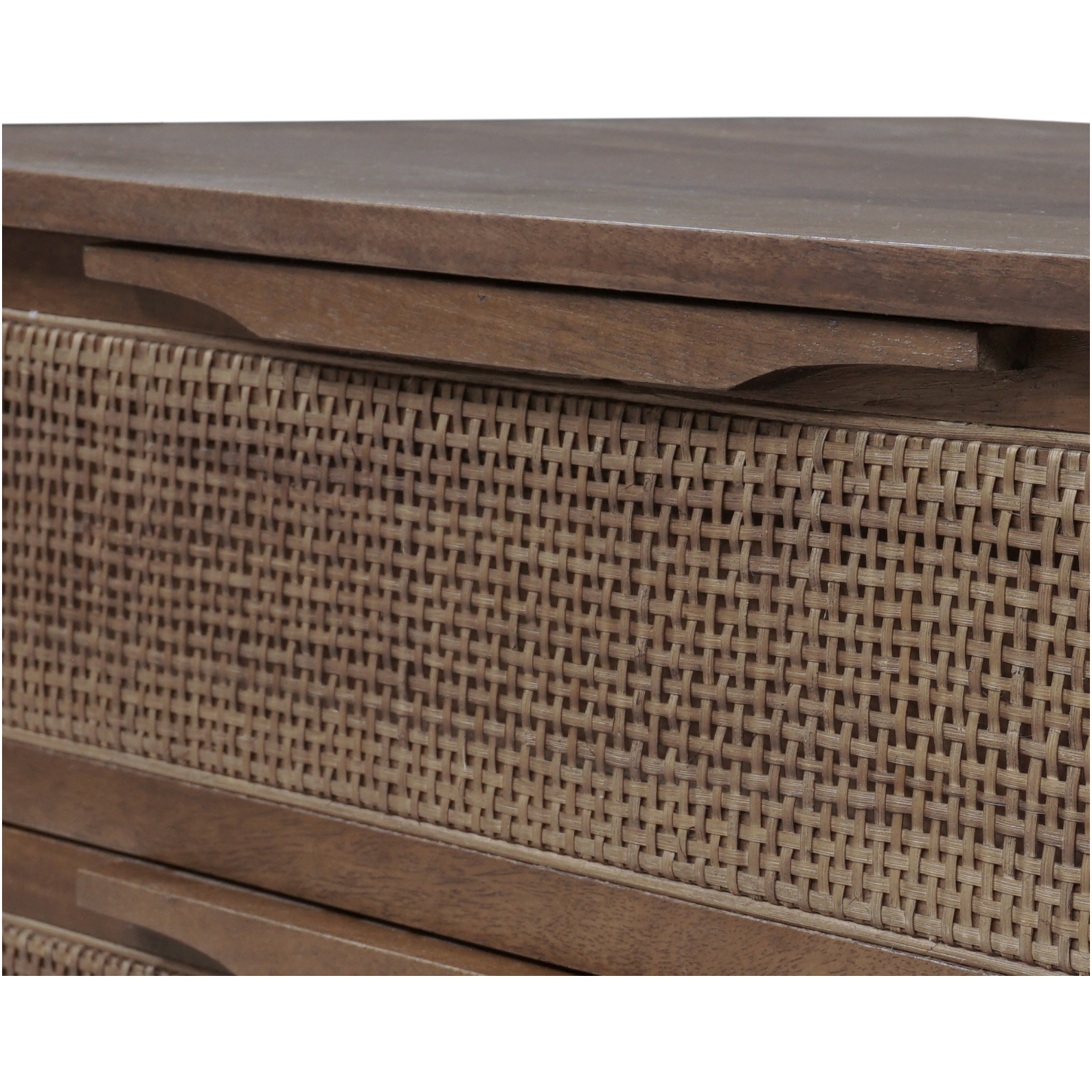 Brown wash mango frames inset woven cane, for a light, textural look with organic allure. Three spacious drawers provide plenty of closed storage. Amethyst Home provides interior design, new construction, custom furniture and area rugs in the Tampa metro area