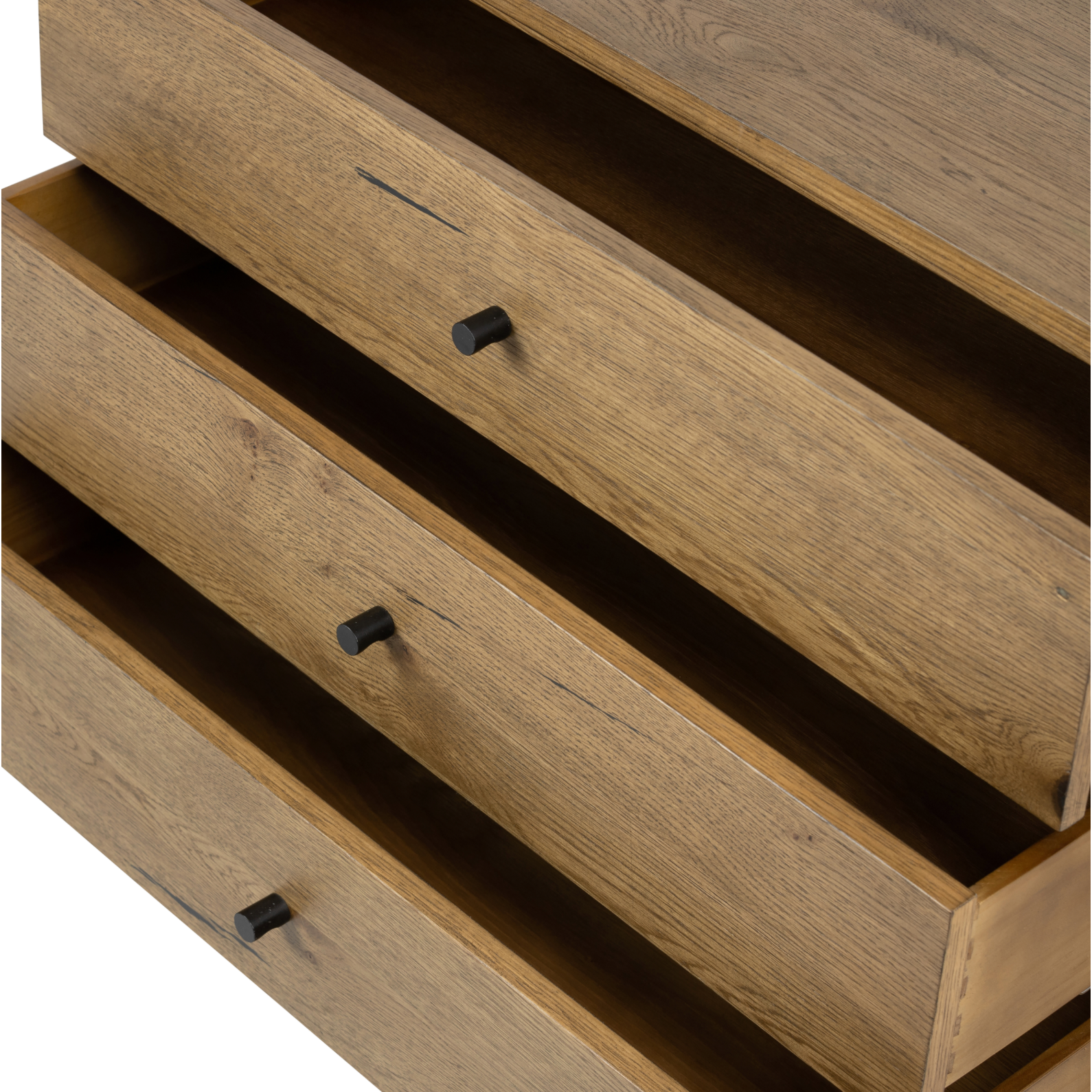 Clean and streamlined. Amber-finished oak features three large drawers plus gunmetal-finished hardware, for a look that's always in style. Dark resin plays up woods' natural graining.