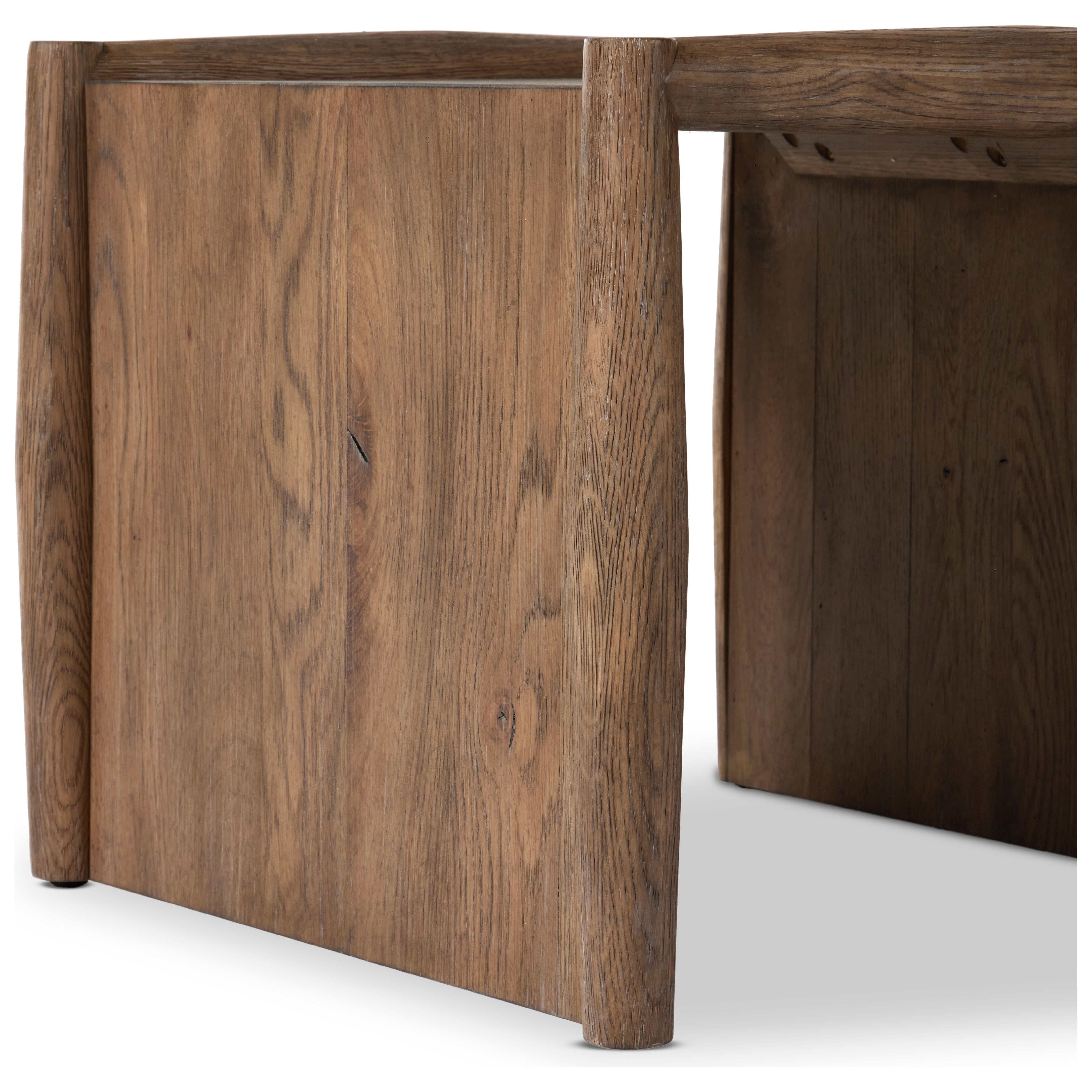 Traditional, reimagined. Made from rustic weathered oak, a simply structured end table brings a streamlined look to the living room. Amethyst Home provides interior design, new construction, custom furniture, and area rugs in the Miami metro area.