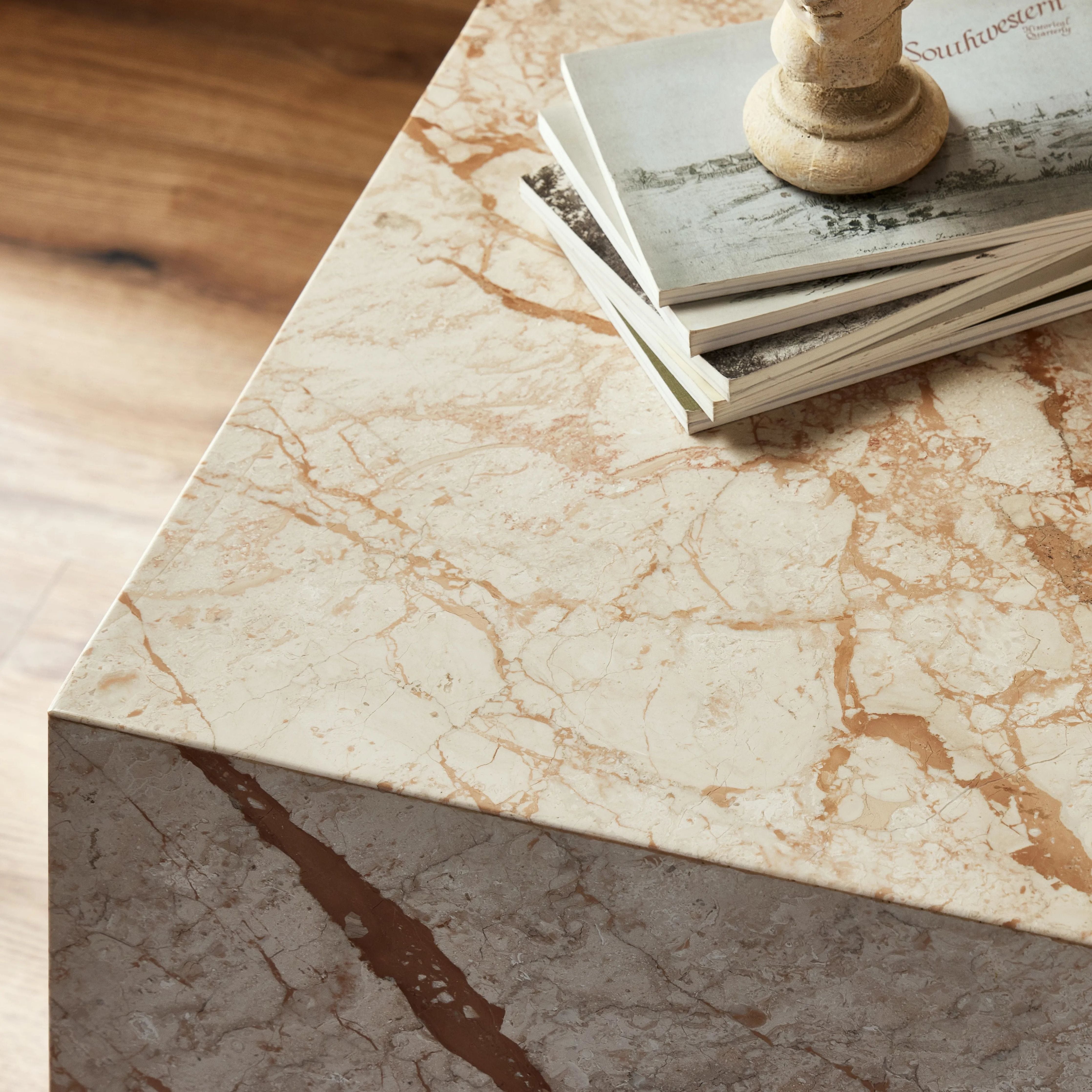 Taupe marble shapes a cubed, plinth-style end table that can be styled just about anywhere.Collection: Elemen Amethyst Home provides interior design, new home construction design consulting, vintage area rugs, and lighting in the Tampa metro area.