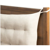 A simple, heavy wood bed frame with a removable sling cushion in a neutral fabric with blind button tufting. Choose the all-wood look or opt for a softer look with the pillow. The cushion is reinforced at the corners for added durability and easily removed for cleaning Amethyst Home provides interior design, new home construction design consulting, vintage area rugs, and lighting in the Austin metro area.