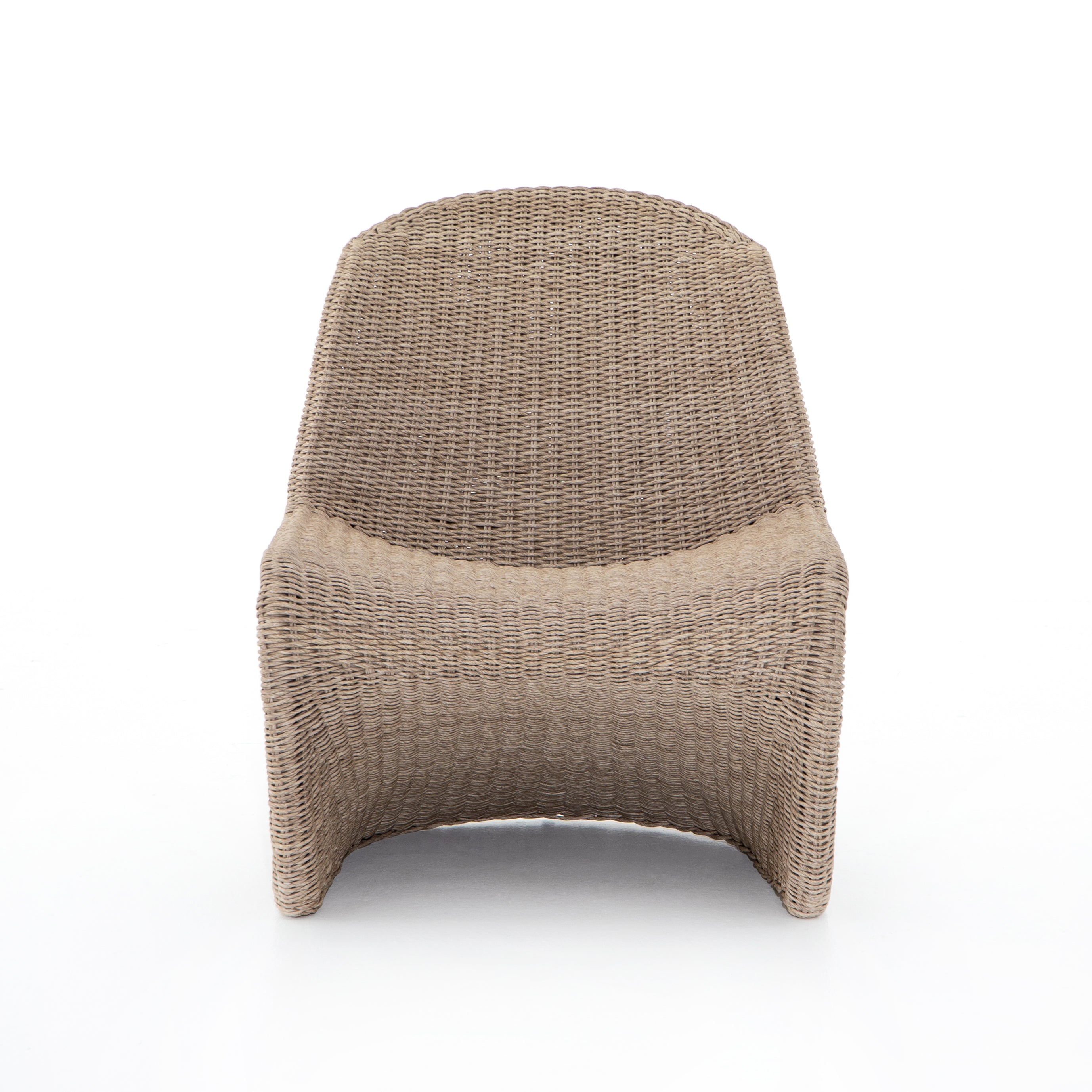 This Portia Outdoor Occasional Chair - Vintage White features a unique shape for comfortable seating. Finished in a vintage white, all-weather wicker makes this the perfect chair for indoors or out.  Cover or store inside during inclement weather and when not in use.  Overall Dimensions: 28.00